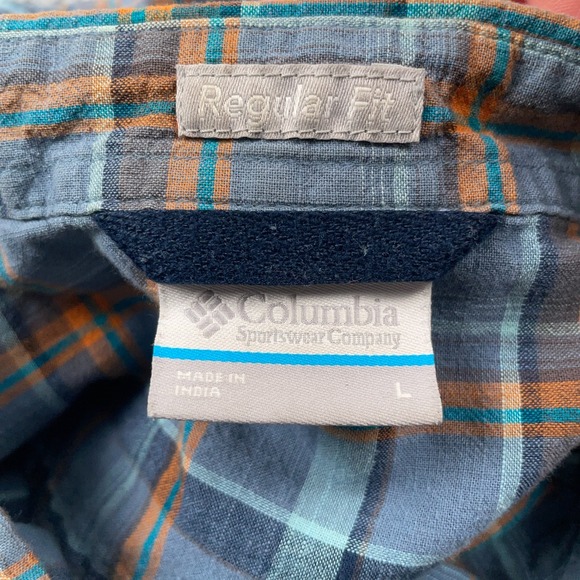 Columbia Shirt Mens Large Blue Orange Plaid Short Sleeve Button Up Regular Fit - Picture 7 of 9